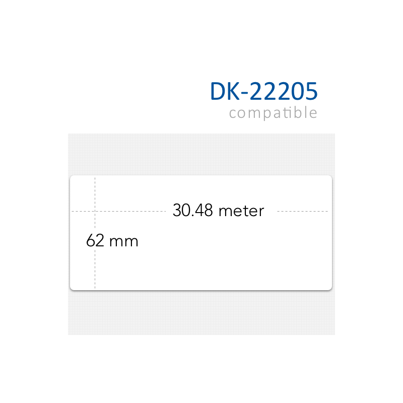 Etiquetas Brother DK-22205 Compatibles. Medidas: 62mm x 30,48 metros. Rollo continuo.